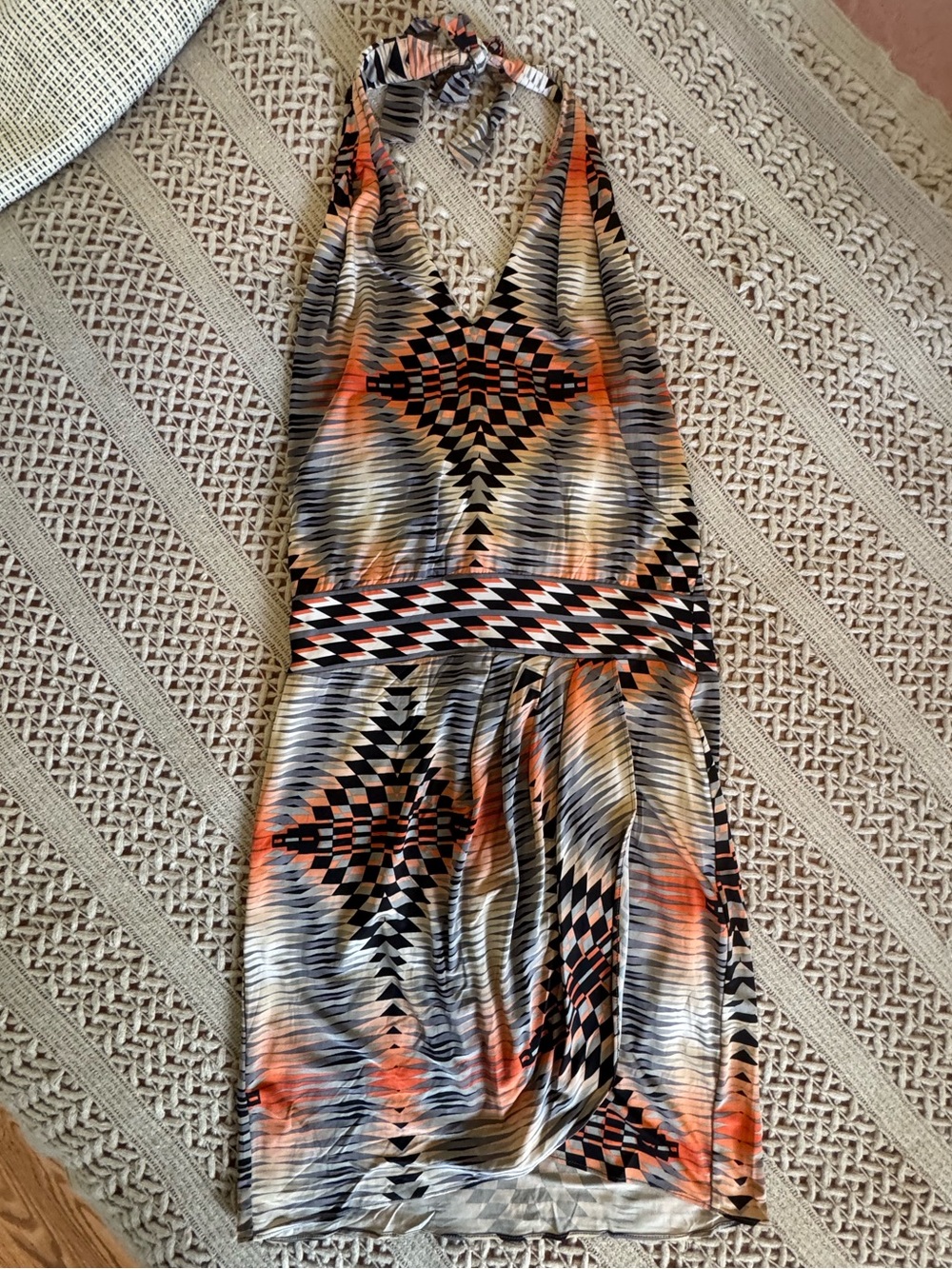 BCBG Psychedelic Tribal Abstract Geometric Print Halter Dress